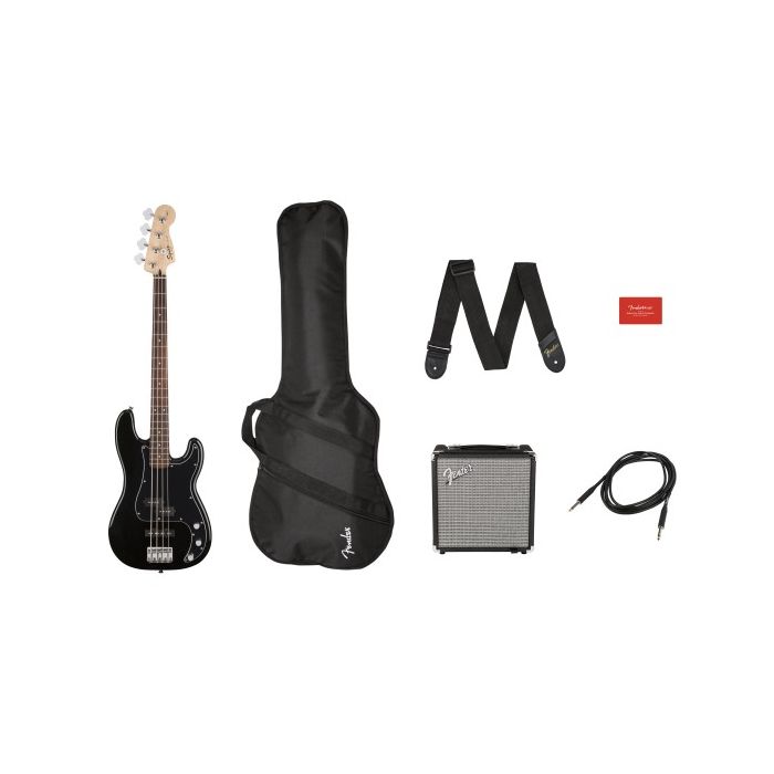 Squier Affinity Series Precision Bass PJ Pack, Laurel Fingerboard, Black, Gig Bag, Rumble 15 - 120V