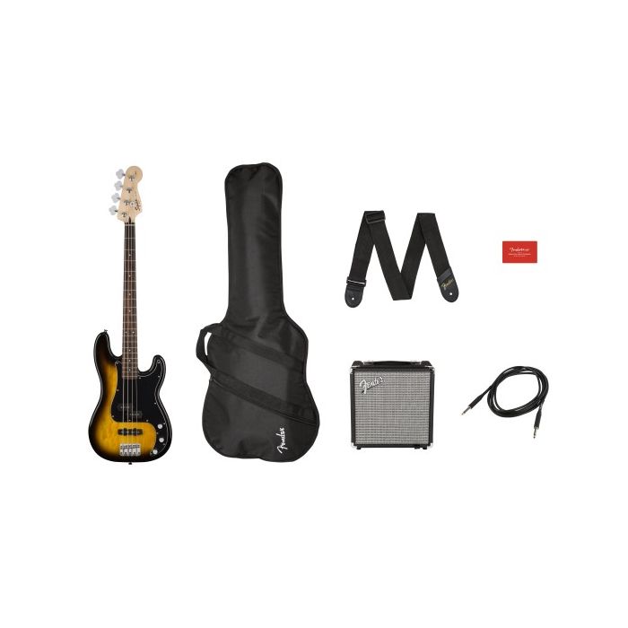 Squier Affinity Series Precision Bass PJ Pack, Laurel Fingerboard, Brown Sunburst, Gig Bag, Rumble 15 - 120V