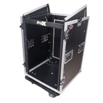 Prox PRT16MRLT 16U Vertical Rack Mount Flight Case with 10U Top for Mixer Combo Amp Rack with Laptop Shelf and Caster Wheels